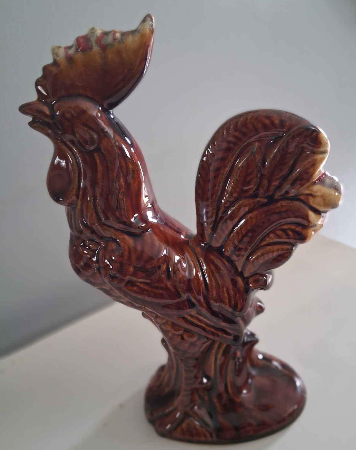 Vintage Brown Drip Glazed Rooster 10 inches 1960s