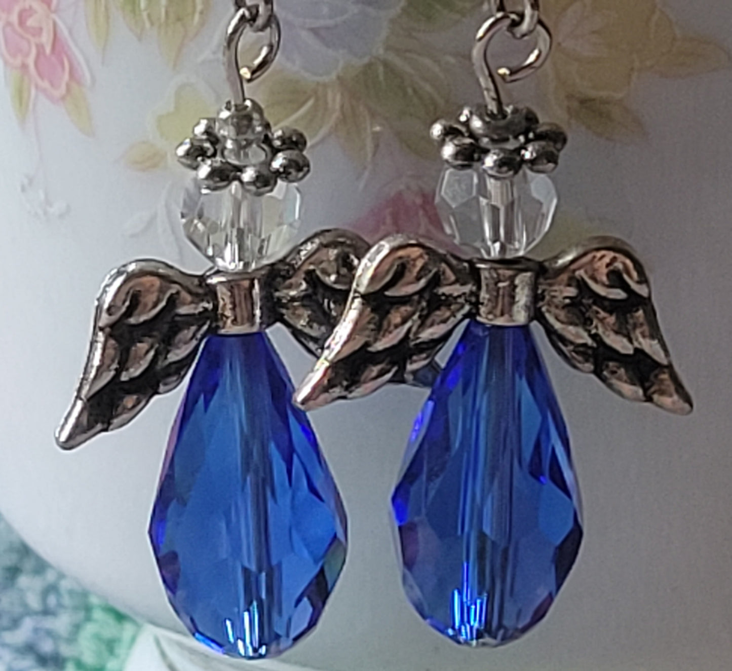 Crystal ANGEL Blue Crystal Dangle Drop Pierced Earrings Fashion Silvertone French Wire