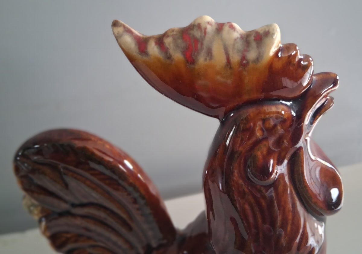 Vintage Brown Drip Glazed Rooster 10 inches 1960s