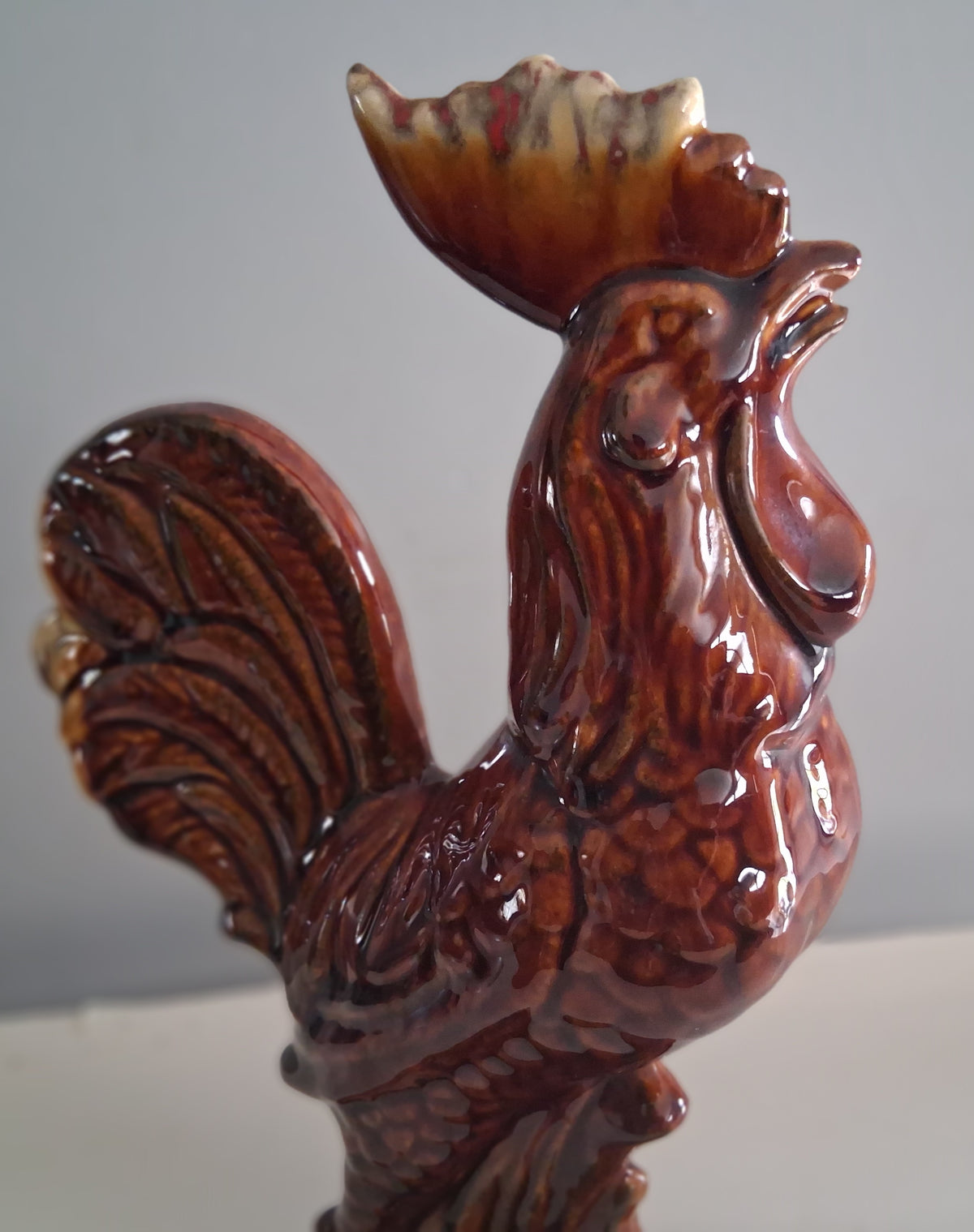 Vintage Brown Drip Glazed Rooster 10 inches 1960s