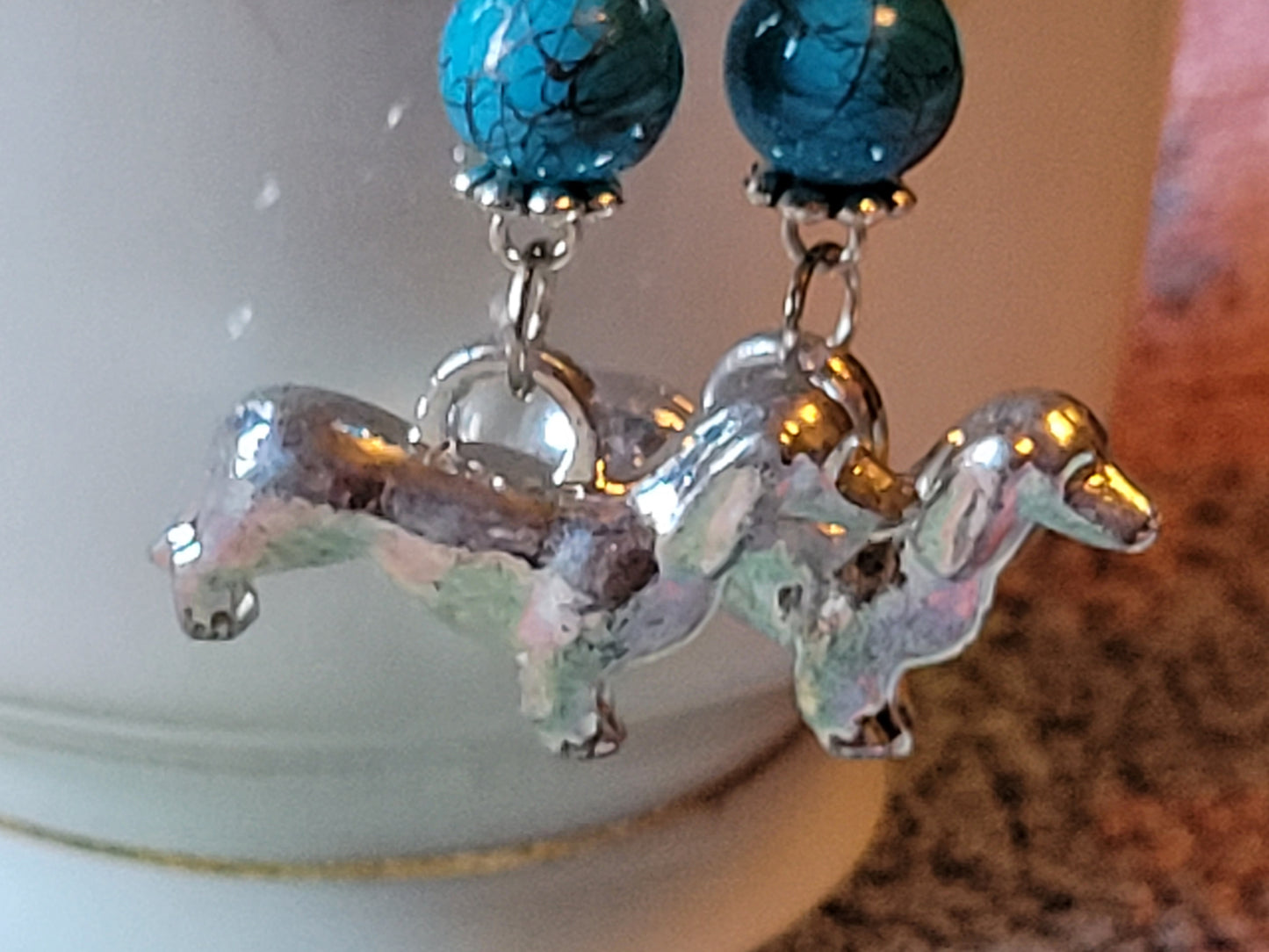 Artisan DASCHUND Dog Breed Dangle Earrings OOAK Handmade TURQUOISE