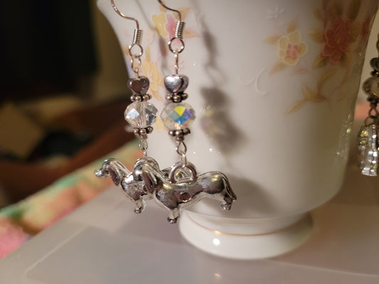 Artisan DASCHUND Dog Breed  Dangle Earrings CRYSTAL Silvertone Handmade