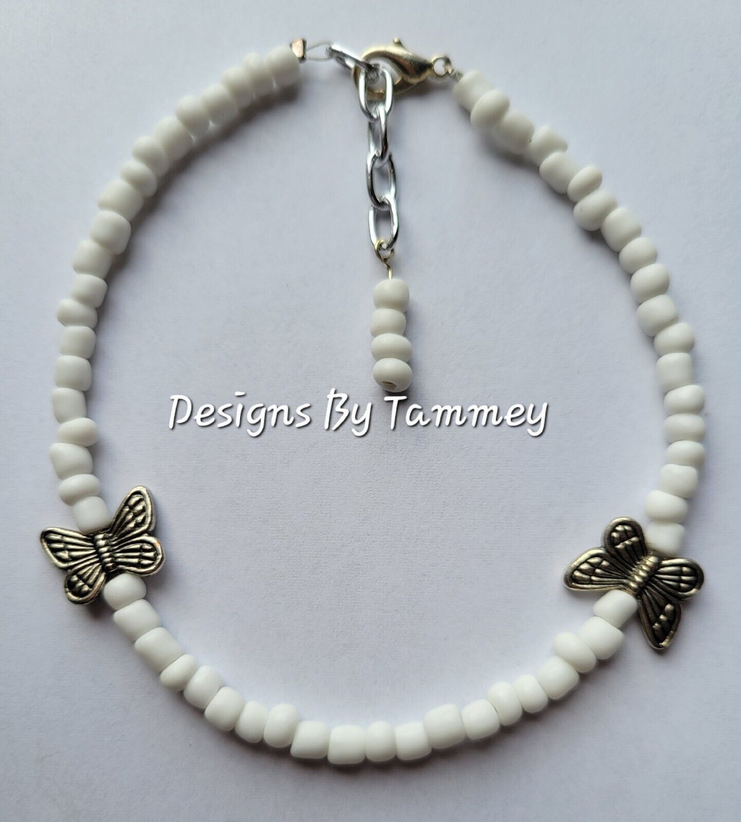 Beaded ANKLE BRACELET White beads and Silver Butterfly ANKLET Beachwear