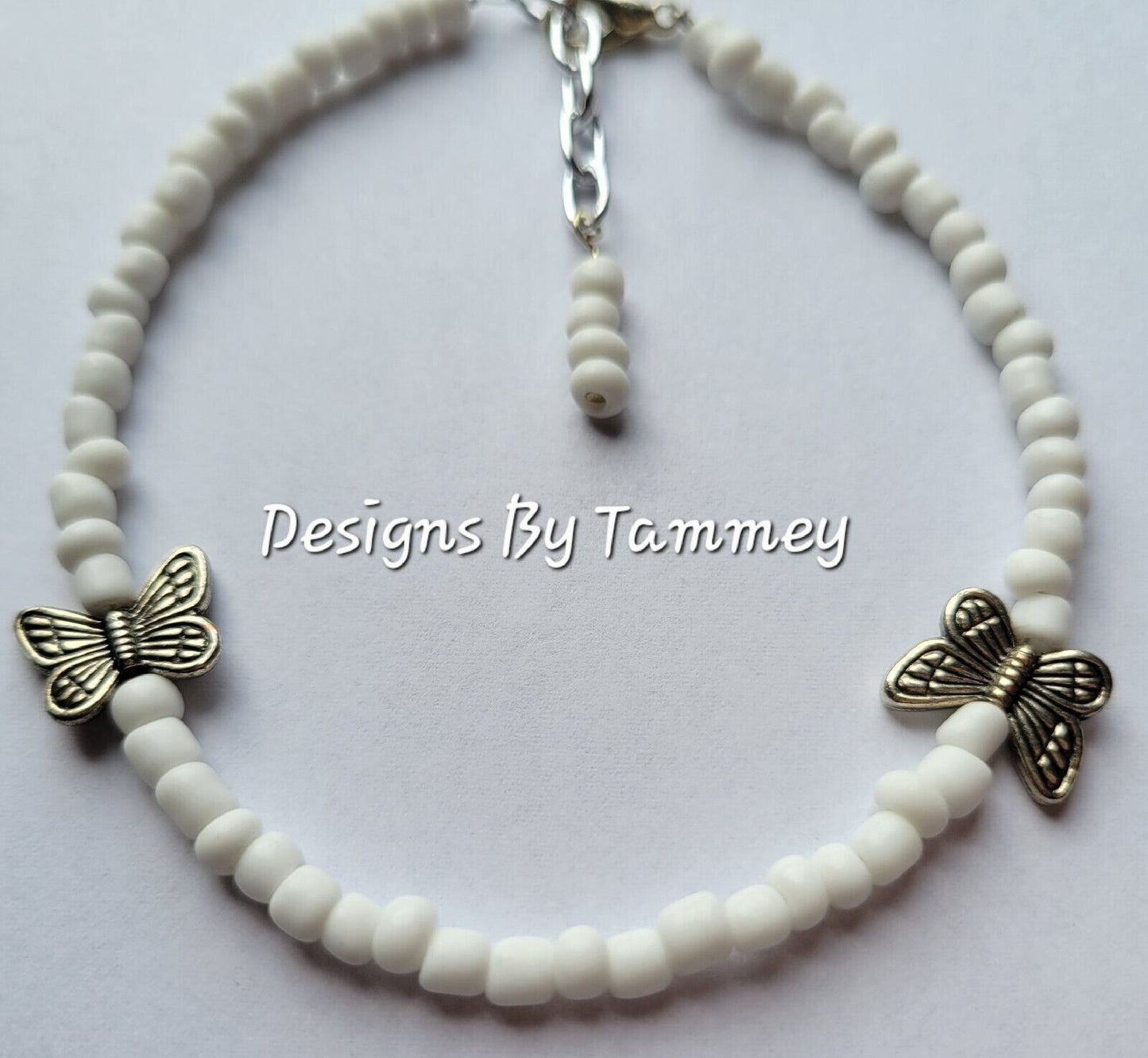 Beaded ANKLE BRACELET White beads and Silver Butterfly ANKLET Beachwear